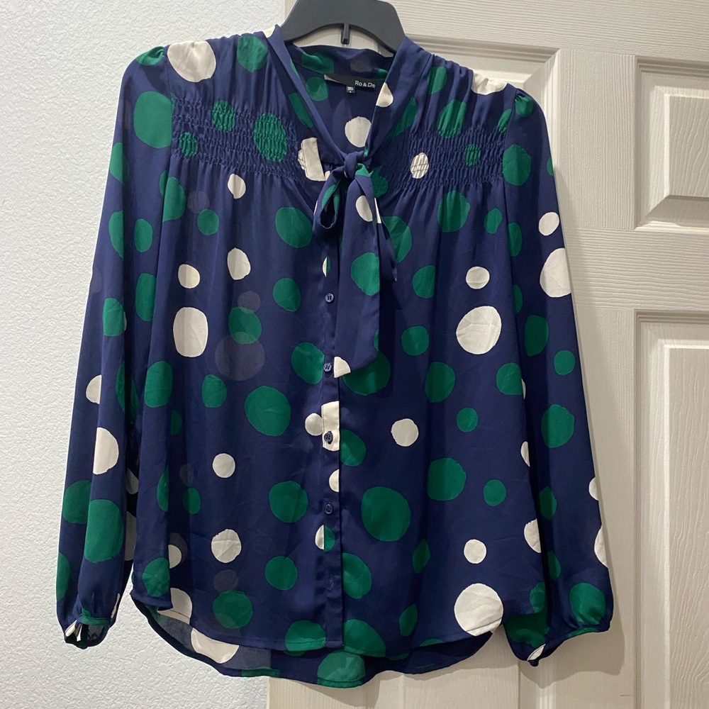 RO & DE long sleeve dark blue color with white and green dots button down blouse